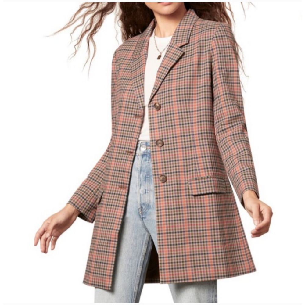 BB Dakota Blazer Womens Medium Brown Plaid Long Button Front Coat Pockets Lined